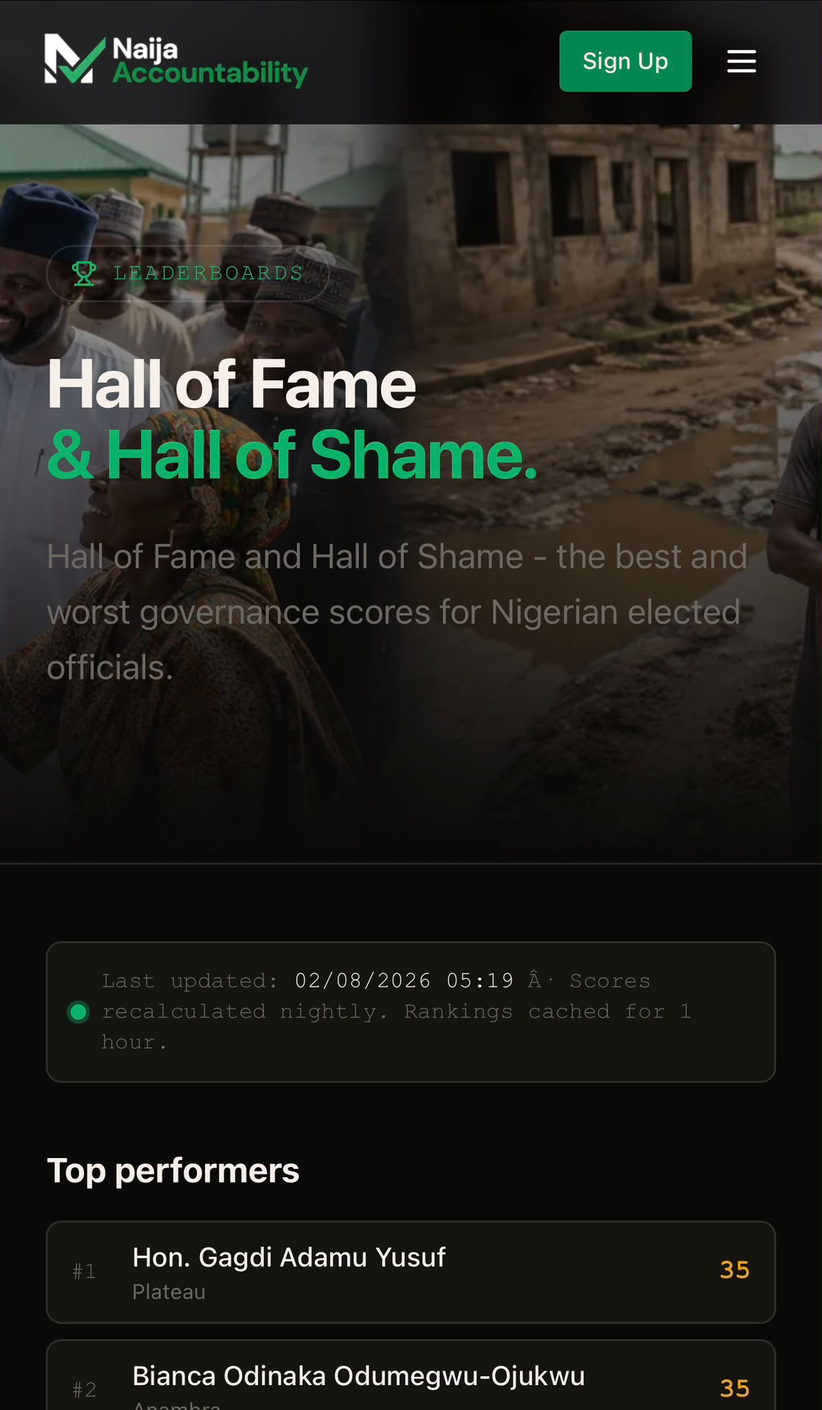 The Hall of Fame and Hall of Shame leaderboard on mobile, ranking the best and worst governance scores among Nigerian elected officials
